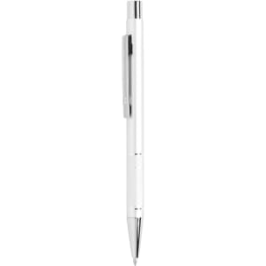 A metal pen in white with silver accents and a textured grip, featuring a clip and sleek design.
