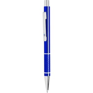 A metal pen in blue and silver, featuring a textured grip and a clip for easy attachment.