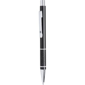 A black metal pen with a chrome clip and detailing, featuring a textured grip and a branding logo.