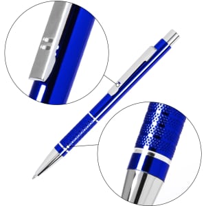 A blue metal pen with a textured grip and chrome accents, featuring a clip and detailed close-ups.
