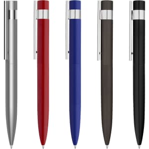 Five metal pens in silver, red, blue, dark grey, and black, each featuring a sleek design and a clip.