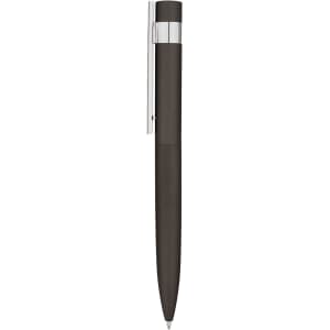 A metal pen in black with a chrome clip, featuring a sleek design and a brushed finish.