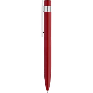 A red metal pen with a sleek design and chrome accents, featuring a clip and a smooth writing tip.