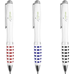 A set of three metal pens with white bodies and coloured grips in red, blue, and black. Each pen features a logo.