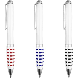 Three metal pens with white bodies and coloured grips, featuring red, blue, and black accents. Each pen has a clip and a logo.