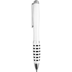 A metal pen in white with a black dotted grip and a shiny silver clip, featuring a branding logo.