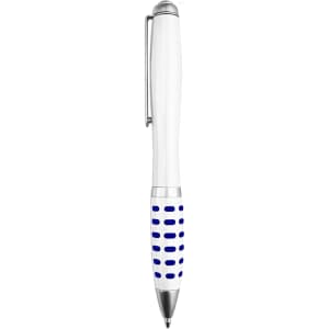 A metal pen with a white barrel and blue patterned grip, featuring a silver clip and tip.