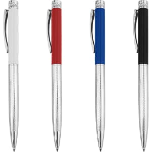 A set of four metal pens in white, red, blue, and black, featuring a textured grip and a silver clip.