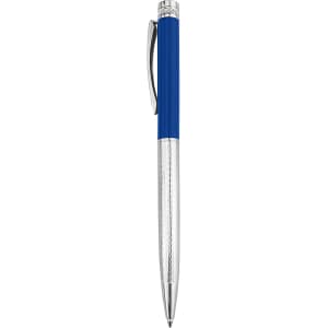 A metal pen featuring a blue grip and silver accents, with a logo on its body.