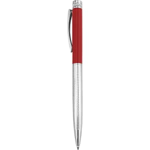 A metal pen with a red barrel and silver accents, featuring a clip and textured grip. The pen has a logo.