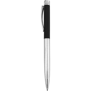 A metal pen in black and silver, featuring a sleek design and a clip for easy attachment. It has a logo on the body.