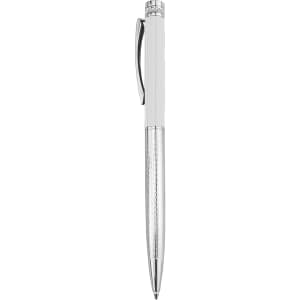 A metal pen in silver and chrome finish, featuring a textured grip and a clip. The pen has a logo on it.