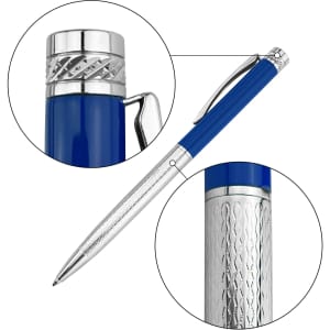 A metal pen with a blue barrel and silver accents, featuring a textured grip and a clip. It has a logo.