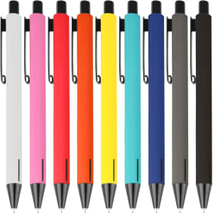 A range of metal pens in various colours including white, pink, orange, yellow, blue, and black, with clips and a logo.