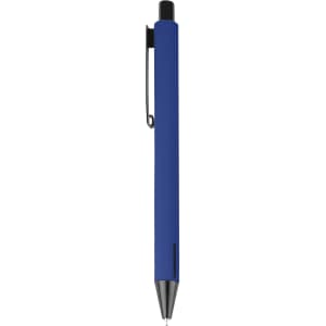 A blue metal pen with a black clip and tip, featuring a logo on the barrel.