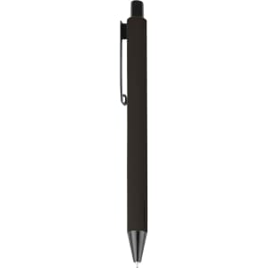 A metal pen in sleek black with a clip and a silver nib, featuring a branding logo.