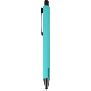 A metal pen in vibrant turquoise with a black clip and tip, featuring branding on the side.