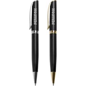 Two metal pens in black, one with a silver clip and the other with a gold clip, featuring branding.
