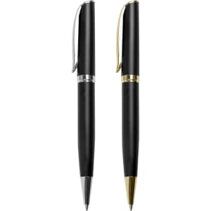 A pair of black metal pens, one with a silver clip and the other with a gold clip, featuring sleek designs.