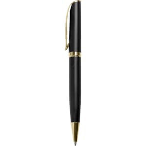 A black metal pen with gold accents and a clip, featuring a sleek and elegant design.