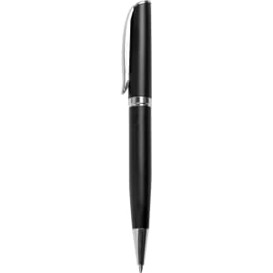 A metal pen in black with a silver clip and detailing, featuring a smooth, sleek design.