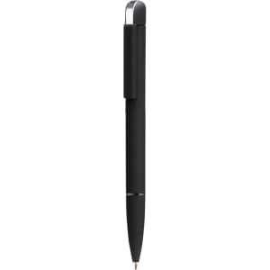 A black metal pen with a sleek design, featuring a clip and silver accents. There is a logo on the pen.