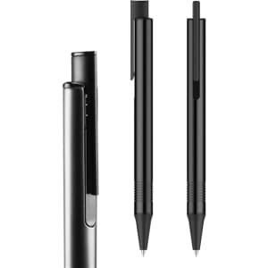 A set of black metal pens with a sleek design, featuring a clip and ribbed grip. Includes branding.