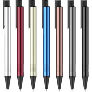 A set of eight metal pens in silver, red, gold, blue, rose gold, grey, and black, featuring a clip and a textured grip.