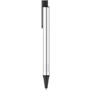 A silver metal pen with a black tip and clip, featuring a sleek and minimalistic design.