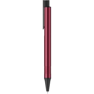 A metal pen in a sleek red colour with a black tip and clip, featuring a simple logo design.