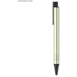 A metal pen in champagne gold with a black tip and clip, featuring a sleek design. Includes branding on the barrel.