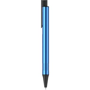 A blue metal pen with a black tip and clip, featuring a sleek design and branding.