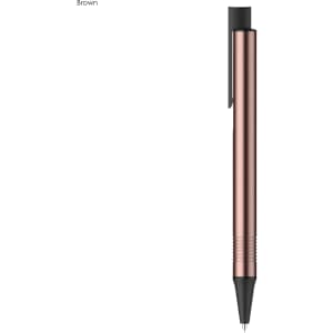 A metal pen in a metallic brown finish with a sleek design and a branding logo.