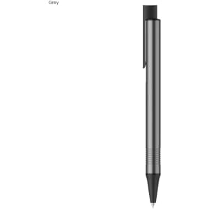 A grey metal pen with a sleek design and a clip. Features a logo on the barrel.