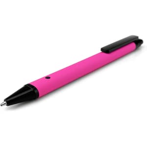 A pink metal pen with a black clip and tip, featuring a logo on its body.