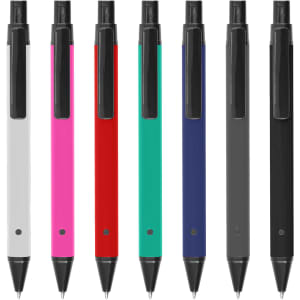 A collection of metal pens in white, pink, red, teal, navy, grey, and black, each featuring a branding logo.