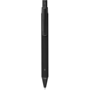 A black metal pen with a sleek design and a clip, featuring a branding logo.
