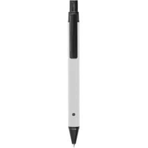A metal pen in white with a black clip and tip, featuring a logo on the barrel.