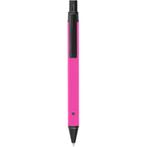 A pink metal pen with a black clip and tip, featuring a logo on its body.