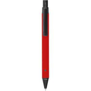 A metal pen in vibrant red with a black clip and tip, featuring a logo on the body.