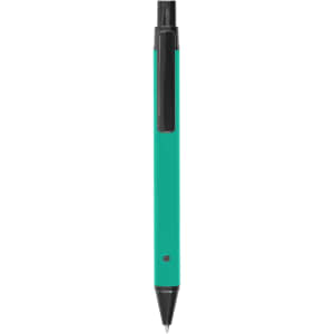 A metal pen in teal with a black clip and tip, featuring a sleek design and a branding logo.