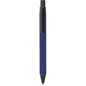A metal pen in a sleek blue finish with a black clip and tip. Features a logo on the barrel.