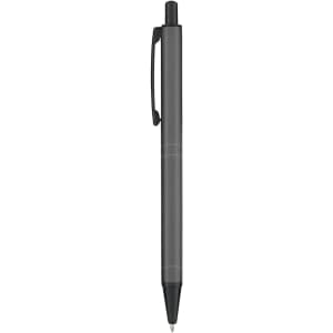 A metal pen in a sleek black finish with a clip and smooth design. The pen features a logo on its body.