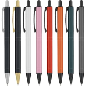 A collection of metal pens in various colours: black, white, pink, red, orange, teal, and grey. Each pen has a clip and a logo.