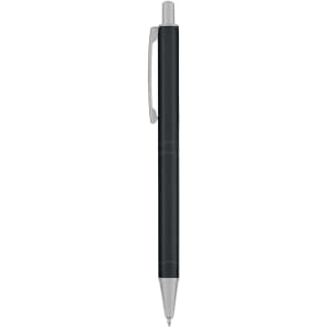A metal pen with a sleek black body and silver accents, featuring a clip and a branding logo.