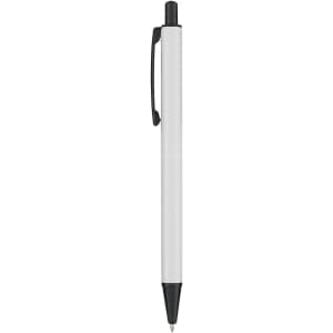 A metal pen in white with a black tip and cap, featuring a clip and branding.
