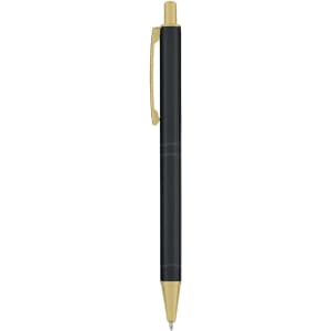 A metal pen in black with gold accents, featuring a clip and a smooth barrel design.