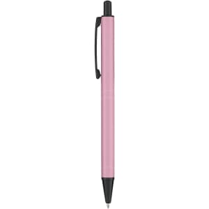 A metal pen in a soft pink colour with a black clip and tip. Features branding on the surface.