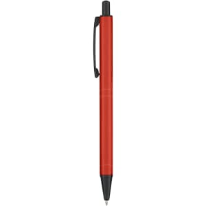 A metal pen in vibrant red with a black clip and tip, featuring a sleek design and branding.