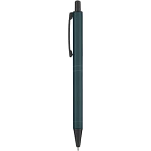 A metal pen in a dark teal colour with a clip and a sleek design. It features a branding logo.